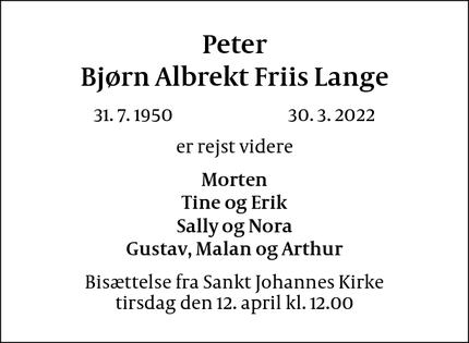 Dødsannoncen for Peter
Bjørn Albrekt Friis Lange - Peder Syv