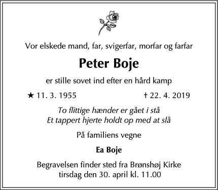 Dødsannoncen for Peter Boje - Brønshøj