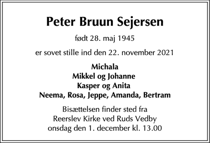 Dødsannoncen for Peter Bruun Sejersen - Helsingør 