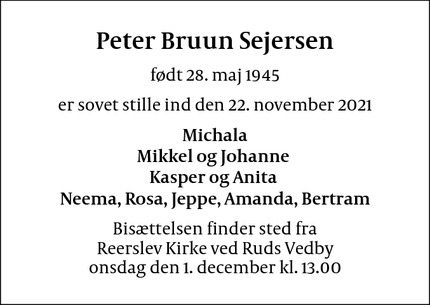 Dødsannoncen for Peter Bruun Sejersen - Helsingør 