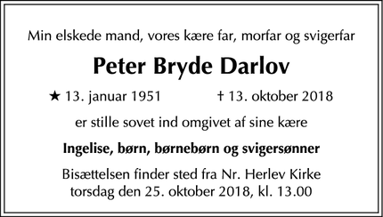 Dødsannoncen for Peter Bryde Darlov - Rungsted Kyst