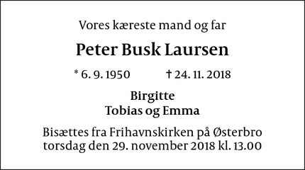 Dødsannoncen for Peter Busk Laursen - Østerbro, København