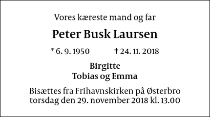Dødsannoncen for Peter Busk Laursen - Østerbro, København