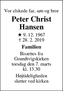 Dødsannoncen for Peter Christ
Hansen - Esbjerg