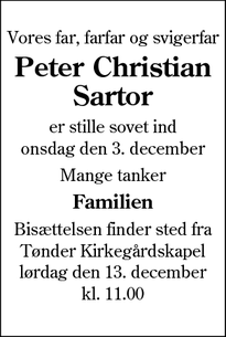 Dødsannoncen for Peter Christian Sartor - Sydals