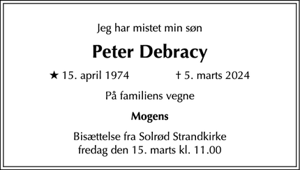 Dødsannoncen for Peter Debracy - Solrød