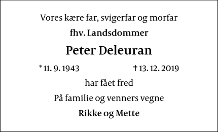 Dødsannoncen for Peter Deleuran - Frederiksberg