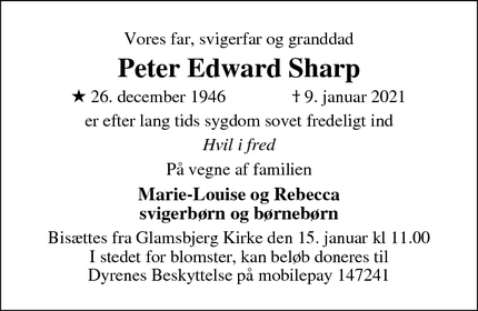 Dødsannoncen for Peter Edward Sharp - Glamsbjerg