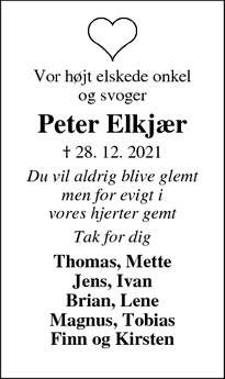 Dødsannoncen for Peter Elkjær - Uldbjerg 