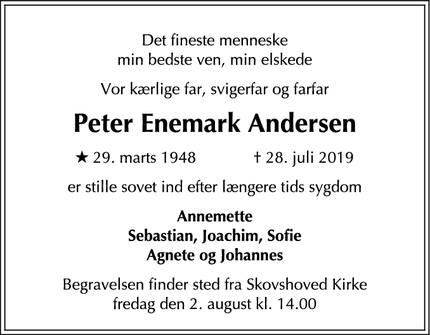 Dødsannoncen for Peter Enemark Andersen - Charlottenlund