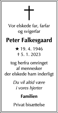 Dødsannoncen for Peter Falkesgaard - København Ø