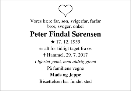 Dødsannoncen for Peter Findal Sørensen - Hammel