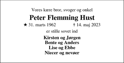 Dødsannoncen for Peter Flemming Hust - Odder