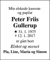 Dødsannoncen for Peter Friis Gullerup - Gelsted