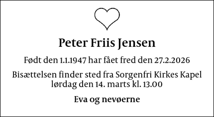 Dødsannoncen for Peter Friis Jensen - København K