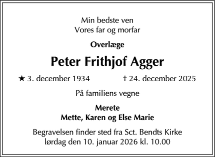 Dødsannoncen for Peter Frithjof Agger - Ringsted
