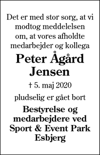 Dødsannoncen for Peter Ågård Jensen - Esbjerg