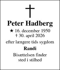 Dødsannoncen for Peter Hadberg - Haderslev 