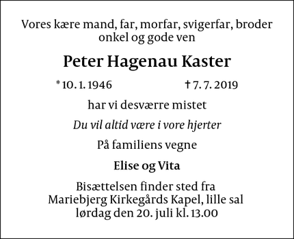 Dødsannoncen for Peter Hagenau Kaster - Søborg