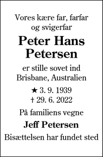 Dødsannoncen for Peter Hans
Petersen - Sønder Omme