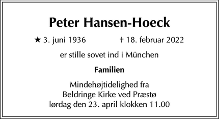 Dødsannoncen for Peter Hansen-Hoeck - København K