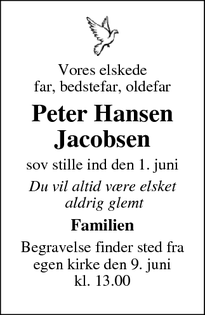 Dødsannoncen for Peter Hansen Jacobsen - Guderup