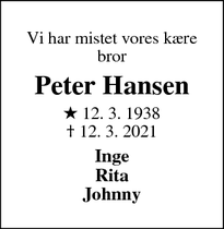 Dødsannoncen for Peter Hansen - Ribe