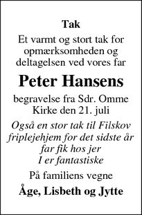 Taksigelsen for Peter Hansen - Sdr. Omme