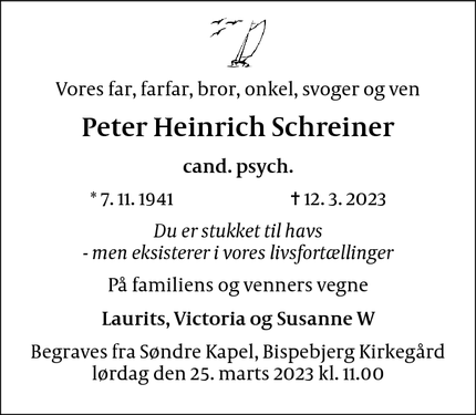 Dødsannoncen for Peter Heinrich Schreiner - København