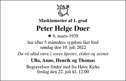 Dødsannoncen for Peter Helge Duer - Høve 4261 Dalmose