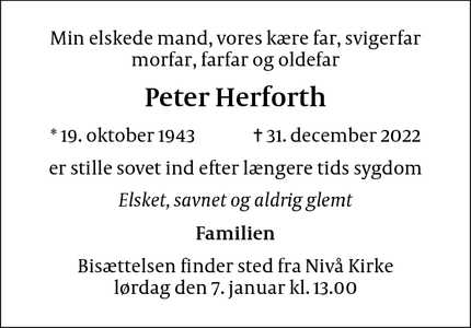 Dødsannoncen for Peter Herforth - Kokkedal