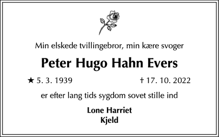 Dødsannoncen for Peter Hugo Hahn Evers - Haegendorf, Schweiz