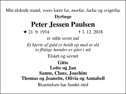 Dødsannoncen for Peter Jessen Paulsen - Haderslev