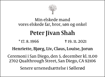 Dødsannoncen for Peter Jivan Shah - Søllerød