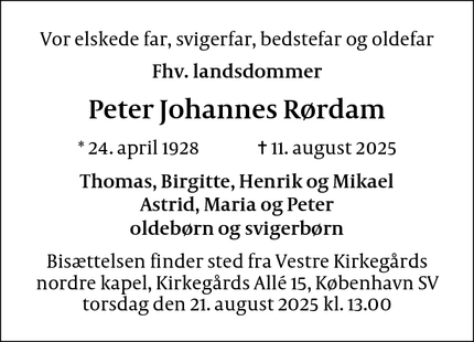 Dødsannoncen for Peter Johannes Rørdam - København