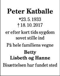 Dødsannoncen for Peter Katballe - Veerst, Vejen