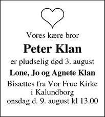 Dødsannoncen for Peter Klan - Kalundborg