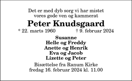 Dødsannoncen for Peter Knudsgaard - Ranum