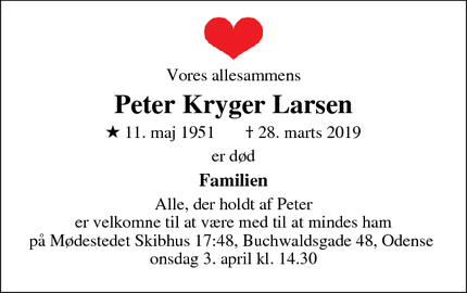 Dødsannoncen for Peter Kryger Larsen - Søndersø