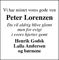 Dødsannoncen for Peter Lorenzen - 7860 spøttrup