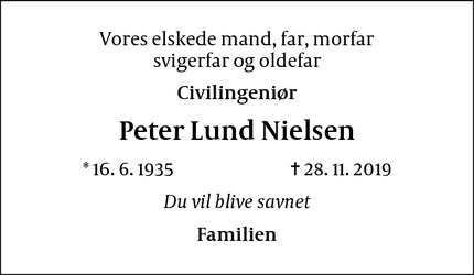 Dødsannoncen for Peter Lund Nielsen - Greve