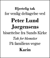 Taksigelsen for Peter Lund
Jørgensens - Sunds