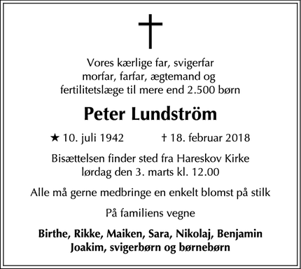 Dødsannoncen for Peter Lundström - Bagsværd