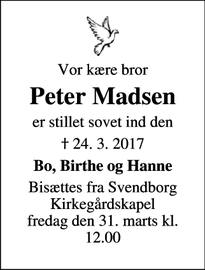 Dødsannoncen for Peter Madsen - Svendborg