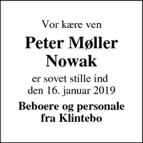 Dødsannoncen for Peter Møller Nowak - Aakirkeby