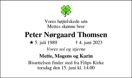 Dødsannoncen for Peter Nørgaard Thomsen - København