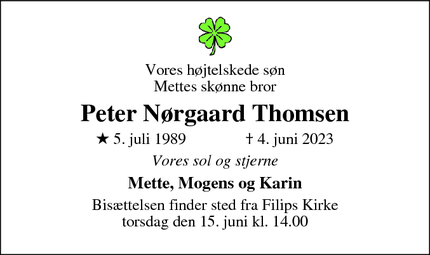 Dødsannoncen for Peter Nørgaard Thomsen - København