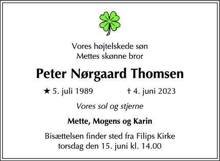 Dødsannoncen for Peter Nørgaard Thomsen - København