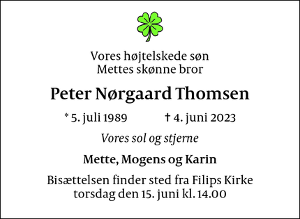 Dødsannoncen for Peter Nørgaard Thomsen - København