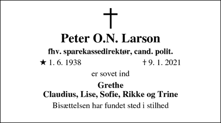 Dødsannoncen for Peter O.N. Larson - Frederiksberg